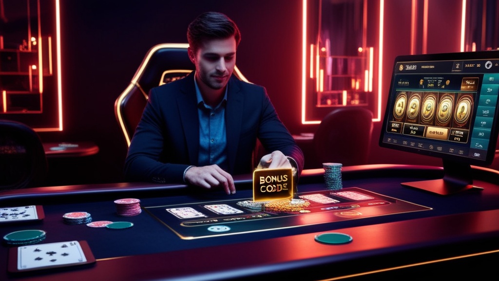 Jugador introduciendo un código de bono en una pantalla de casino con luces neón