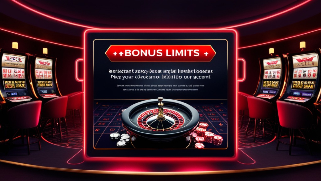 Escena de casino con panel de límites de bono y luces neón