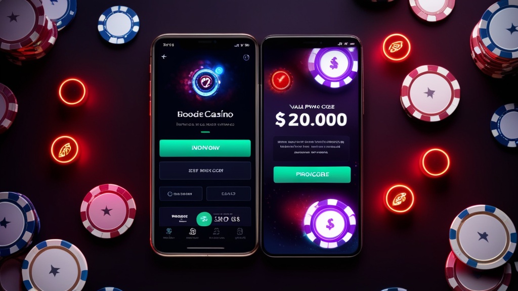 Pantalla con un código promocional de casino rodeada de fichas y luces neón